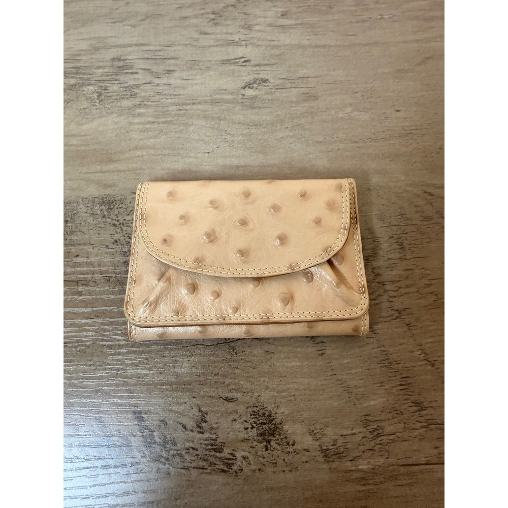 Genuine Ostrich Leather Trifold Wallet Tan Compact Coin Pocket Made in Italy